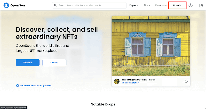 OpneSeaのCreateを選択