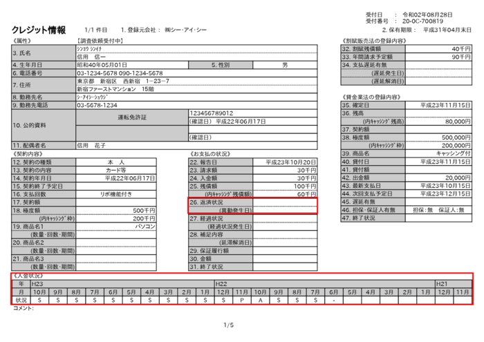 信用情報開示報告書のサンプル