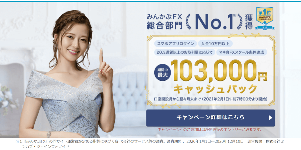 外為どっとコムのLP(白石麻衣さん:FX人気部門、情報部門で1位)